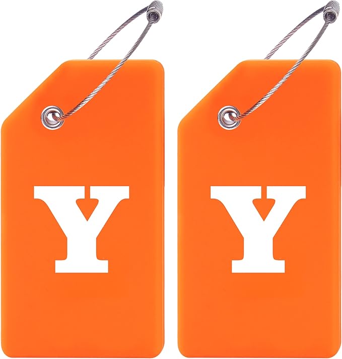 Gostwo 2 Pack Silicone Luggage Tags for Suitcases, 26 Initial Letter Baggage Labels Handbag School Bag Suitcase Instrument Tag with Stainless Steel Loop(Orange)(Letter Y)