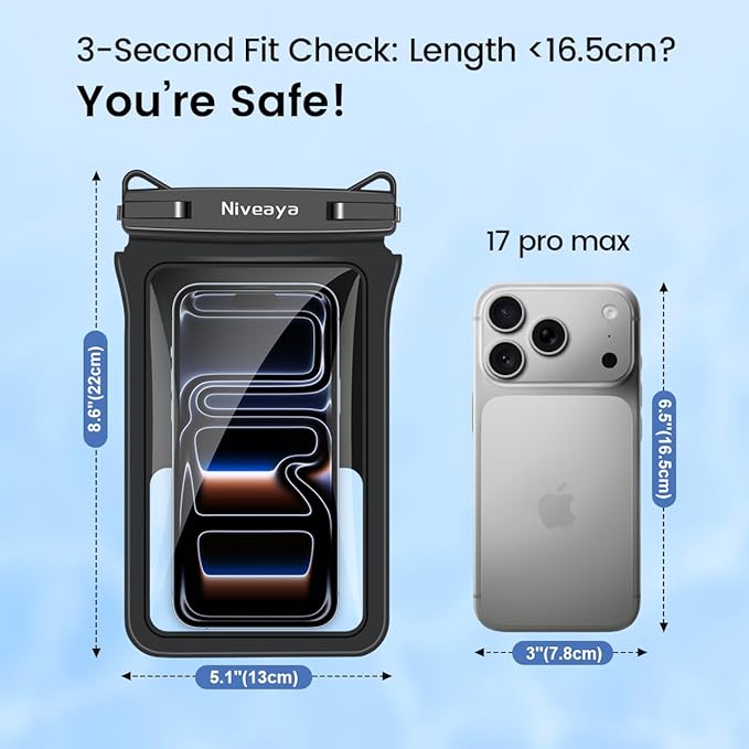 Niveaya Double Space Waterproof Phone Pouch - 2 Pack, Waterproof Phone Lanyard Case with iPhone 16/15/14/13/12 Pro Max up to 8.3", Phone Dry Bags for Vacation Beach Pool Kayak Cruise Travel Essentials