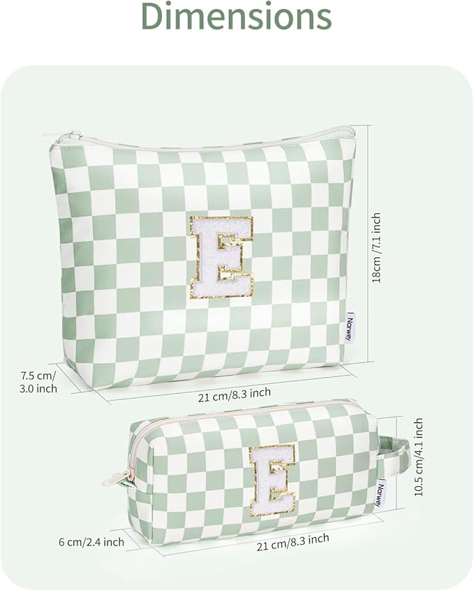 Narwey 2 Piece Personalized Initial Makeup Bag Checkered Cosmetic Bags, 6 8 10 11 12 13 14 16 18 Years Old Teen Girl Gifts Trendy Stuff Birthday Gifts for Women, Travel Toiletry Bag (Green Letter E)