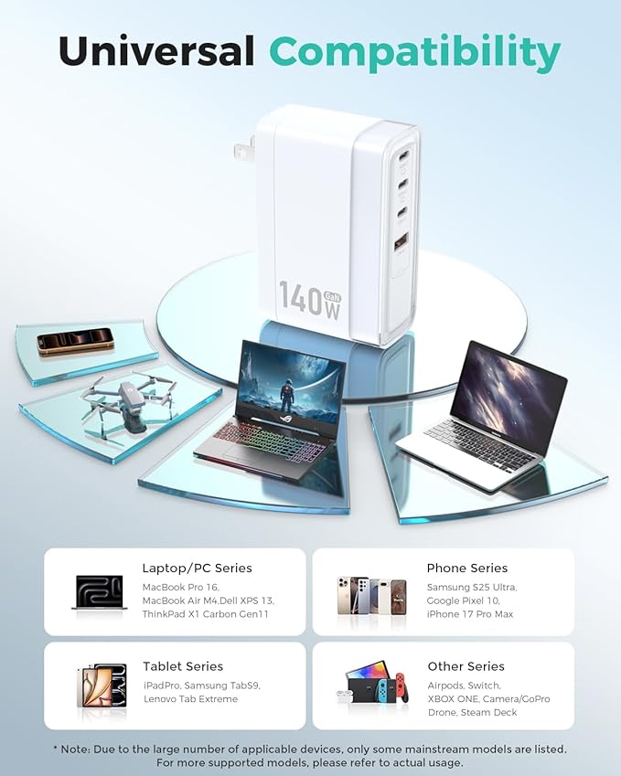 SparkleCore 140W MAX USB C Charger,4-Port Fast Charging Block PD3.1 GaN Travel Essentials Laptop Charger for Apple MacBook Air/Pro,iPhone 17/16,iPad Pro,Samsung,Pixel,DJI,6.6ft USB C Cable