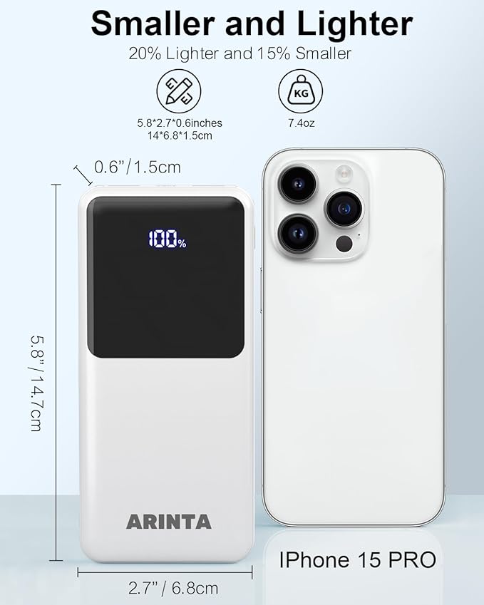Power Bank Portable Charger 10000mAh PD 22.5W, 5V Battery Pack for Heated Vest & Heated Jacket, LED Display & USB-C Input/Output, Compatible for Smartphones, Tablets,Travel Essentials. (White)