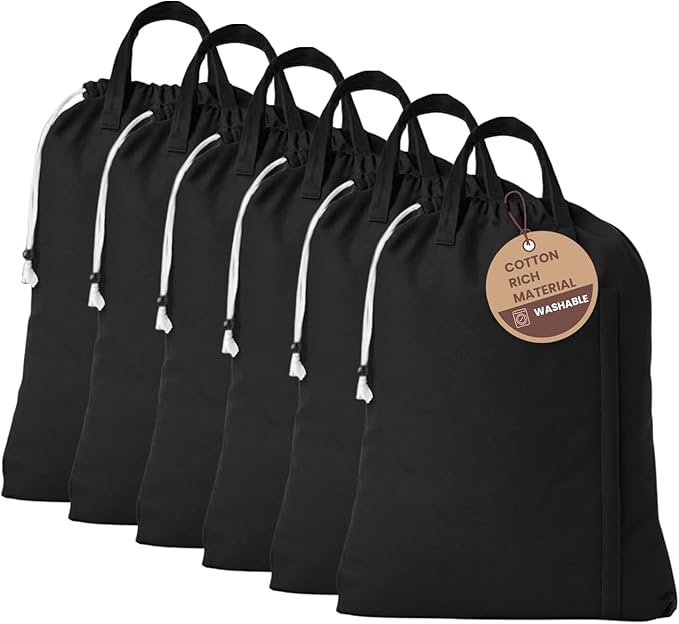 LFH Home Large Premium Cotton Canvas Laundry Bag with Drawstring and Handles Heavy Duty, Multi-Use, and Washable for Home, Travel, College or Storage 28x 40 (Pack of 6)-Black