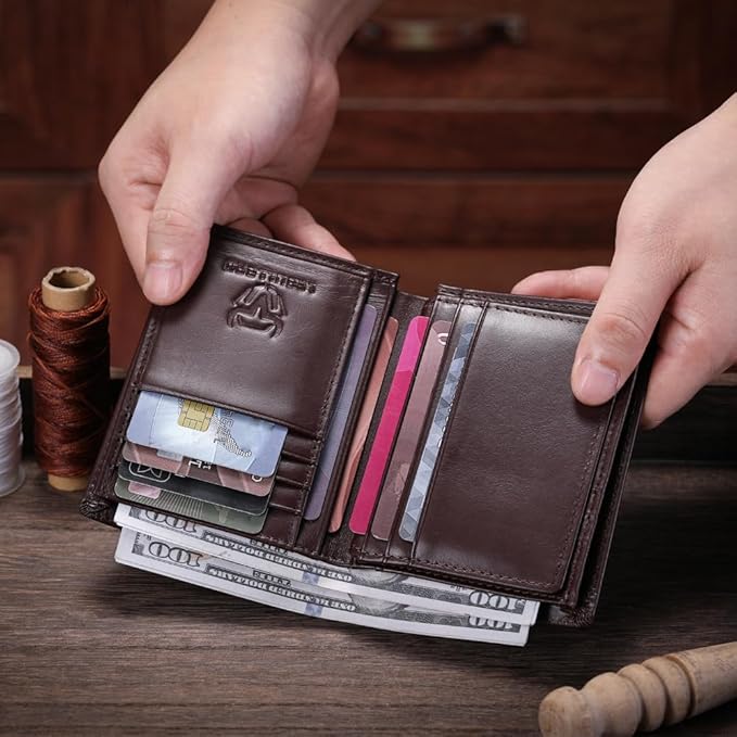 LEBULLBRO Genuine Leather Bifold Wallet RFID Blocking Wallet Large Capacity Purse Credit Card Holder for Men with 15 Card Slots (Grey)