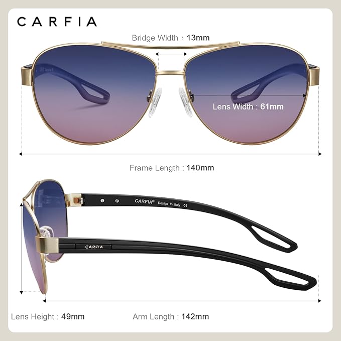 CARFIA Polarized Sunglasses for Women UV Protection Ultra-Lightweight Comfort Metal Frame Driving Glasses CA3210