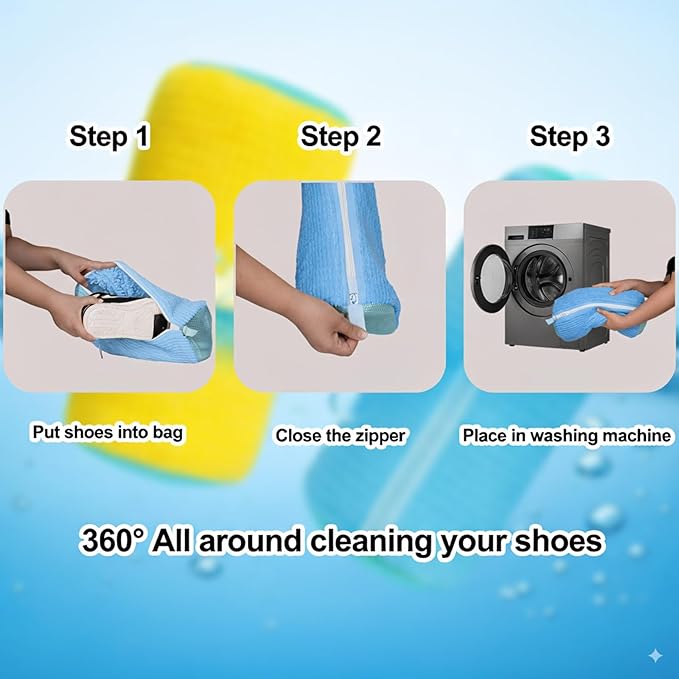 Shoe Washing Machine Bag, 4 Pcs Laundry Shoe Bags for Washer and Dryer with Chenille Liner, Large Reusable Mesh Bag for Sneakers, Gym, Tennis, Sports, Delicate, 2 Color Mix (Blue+Beige)