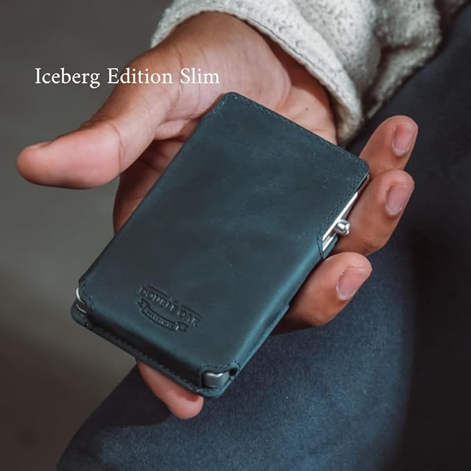 Double Oak Essentials SLIM Leather Pop-up Wallet — Removable Cardholder Design with Locking Mechanism - RFID Blocking, Top Grain Cowhide Leather (Iceberg Edition)