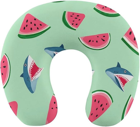 Office Nap Pillow U-Shaped Memory Foam Neck Support, Shark Watermelon Funny U-Shape, Portable Travel Car Home Rest