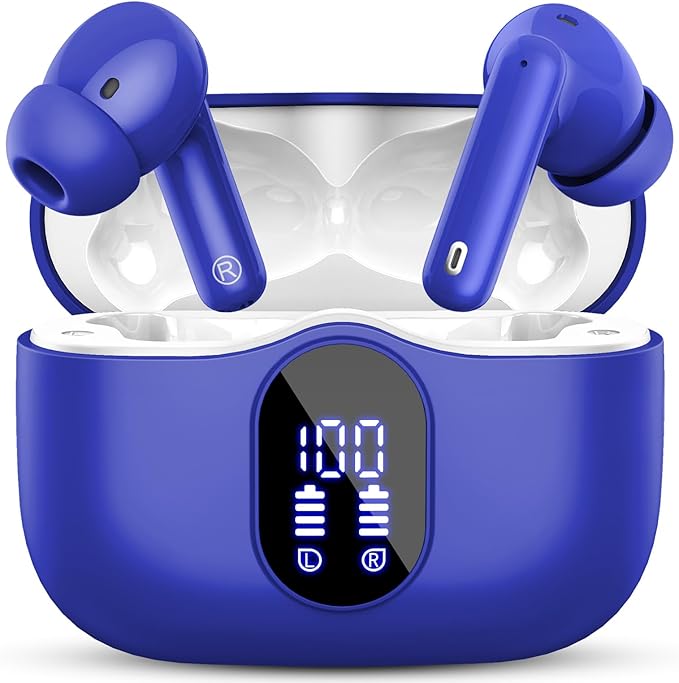 Wireless Earbuds, Bluetooth 5.4 Headphones Bass Stereo, Ear Buds with Noise Cancelling Mic, LED Display in Ear Earphones Clear Calls, IP7 Waterproof Bluetooth Earbuds for Laptop/Phones/Sports, Blue