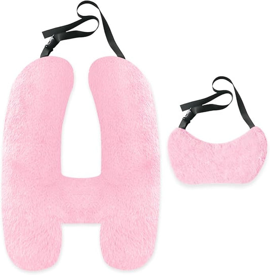 Soft Plush Car Pillow Travel Pillow for Kids with Neck Support Headrest, H-Shape Car Pillows for Kids Sleeping on Long Road Trips, Adults Child Car Seat Pillow, Body Support Travel Accessories, Pink