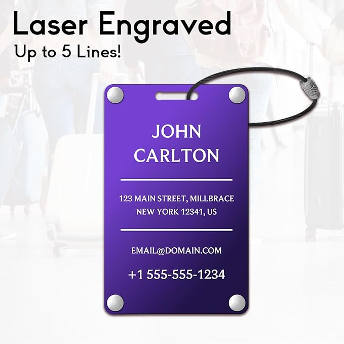 Personalized Luggage Tags for Suitcases - Aluminum Custom Luggage Tags for Backpacks & Bags, Sturdy, Waterproof & Heavy Duty (Purple/Card-Sized)