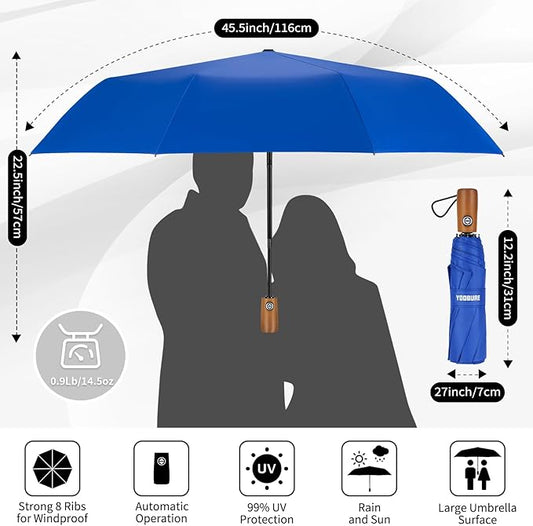 Yoobure Windproof Travel Umbrella with Wood Handle - Automatic Umbrellas for Rain & UV Sun Protection, Compact 46" Large Canopy, Lightweight Backpack Portable for Walking & Outdoor