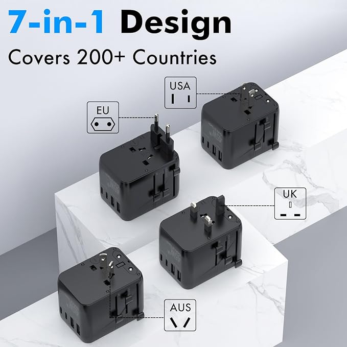7 in 1 Travel Adapter Worldwide w/GaN 45W, 2 USB-A (15W), 3 USB-C (45W), 2 AC Outlets, Safety Certified International Plug Adapter for Universal Laptop, Phone, Camera for US, EU, UK, AU