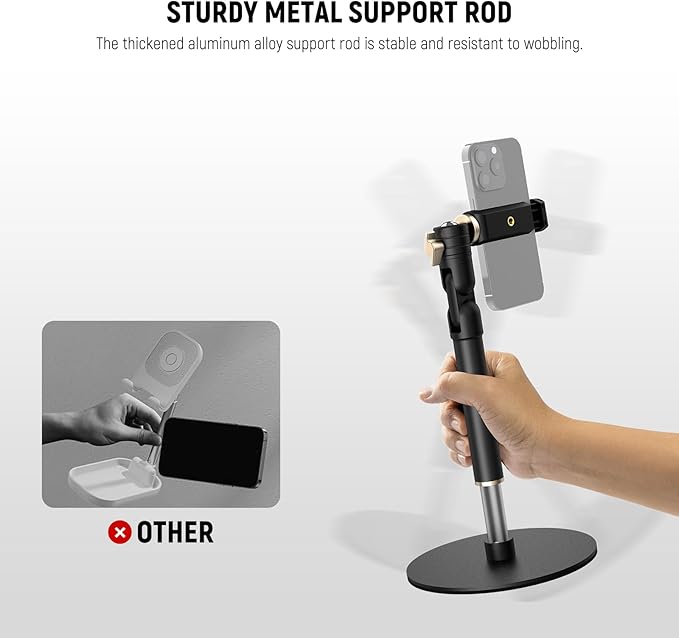 NEEWER Cell Phone Stand for Desk, Adjustable Office Table Phone Holder Mount Compatible with iPhone Samsung for Video Recording Filming, 360° Ball Head, Foldable Arm, Weighted Metal Base, MT010