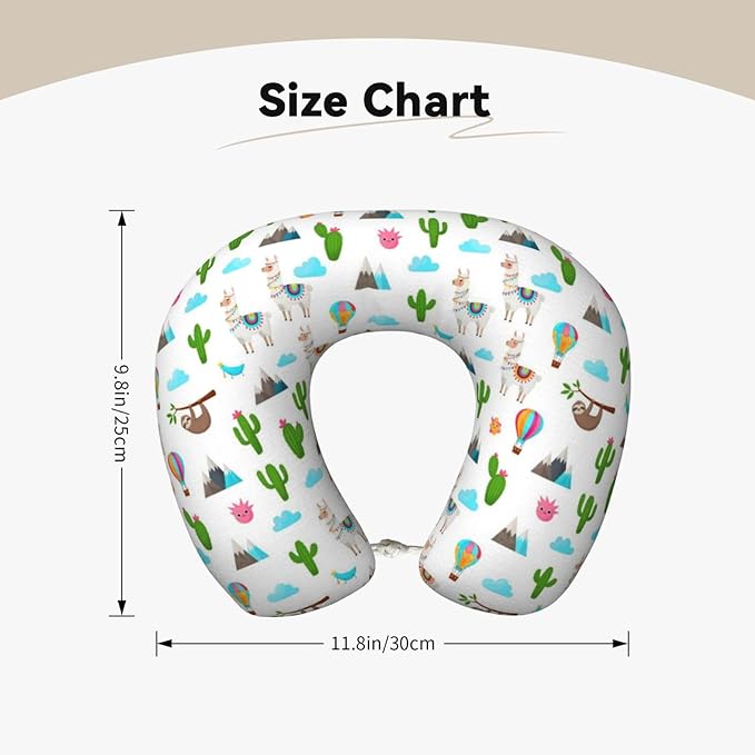 Travel Neck Pillows for Sleeping Rest Car Airplanes Sloth Llamas Cactus Pattern White, Memory Foam with Removable Breathable Zipper Cover Washable for Men Women