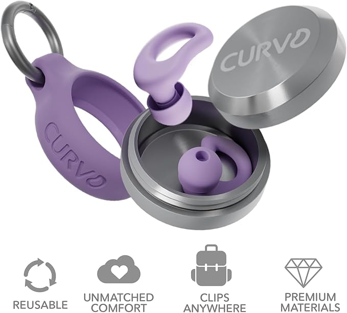 CURVD Everyday Earplugs + Case Clip Bundle, The Perfect earplug for Sleep, Travel, Noise Sensitivity/canceling + Case Clip Package Portable Waterproof Container & Silicone Sleeve for Ear Plugs(Purple)
