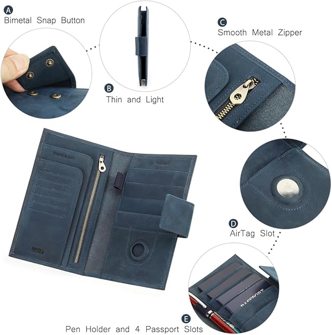 CONTACTS Full Grain Leather Family Passport Holder for 4 Airtag Passport Wallet RFID Blocking Travel Passport Cover with 4 Passport Slot, 6 Card Slot (Blue)