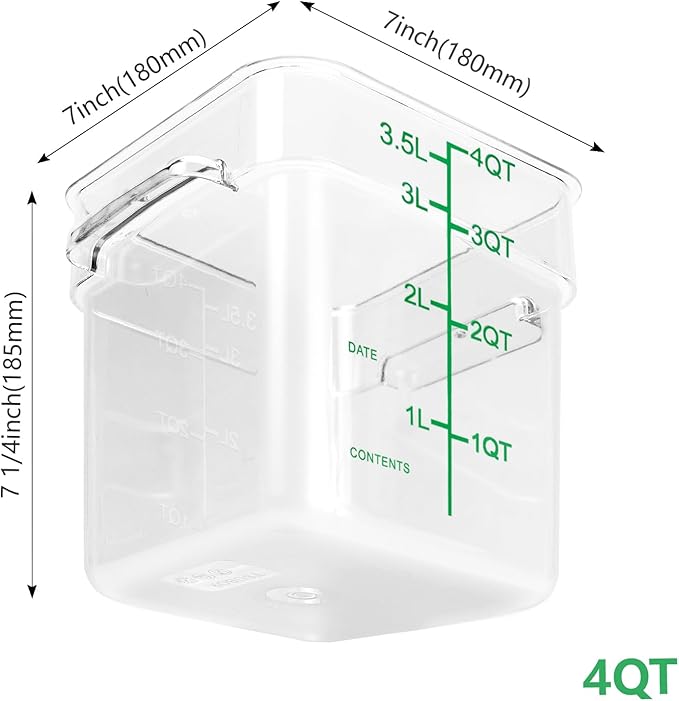 TSUBOR 4 Pack Food Storage Containers with Green Lids, 4.0 Qt - Square, Clear, Polycarbonate, for Restaurant Commercial Kitchen and Home party