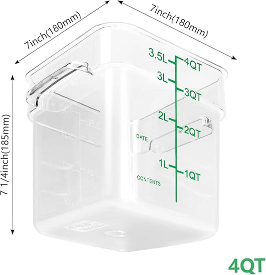 TSUBOR 4 Pack Food Storage Containers with Green Lids, 4.0 Qt - Square, Clear, Polycarbonate, for Restaurant Commercial Kitchen and Home party