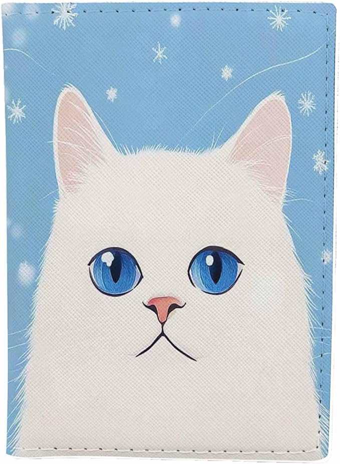 Cat Passport Holder for Travel White Cat with Blue Eyes PU Leather Passport Cover Wallet Cute Passport Card Holder for Women and Men