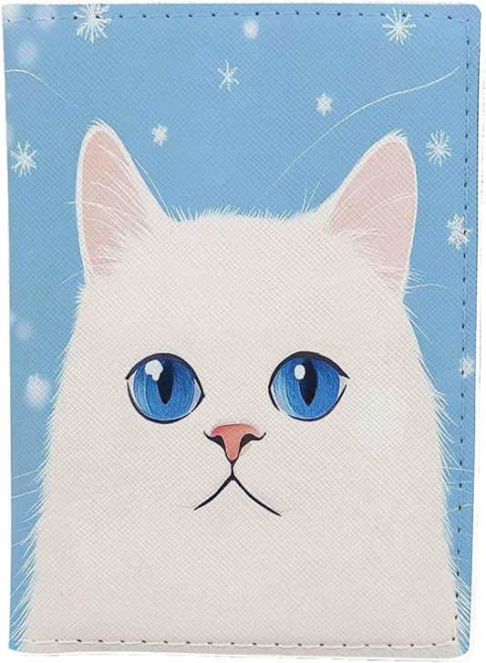 Cat Passport Holder for Travel White Cat with Blue Eyes PU Leather Passport Cover Wallet Cute Passport Card Holder for Women and Men