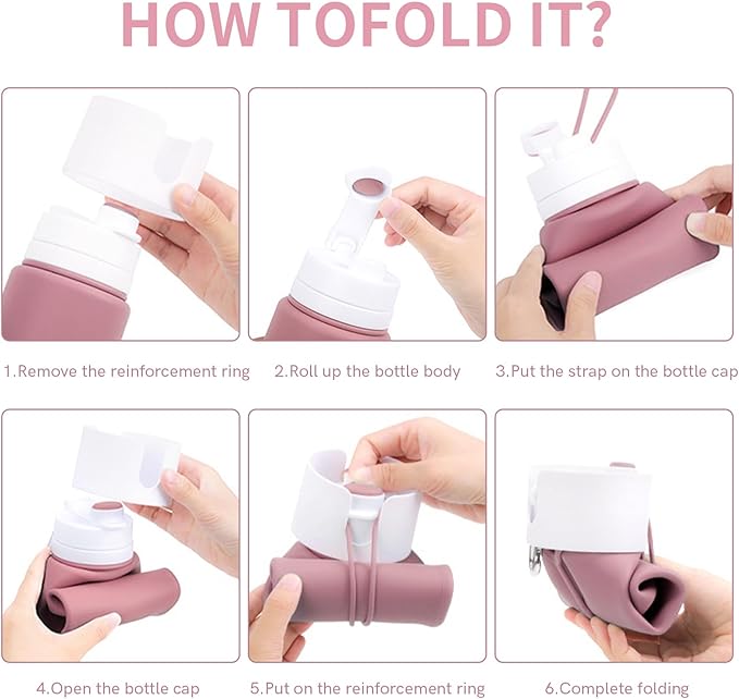 Collapsible Water Bottles for Travel - 26oz BPA-Free Foldable with Carabiner, Lightweight Leak-Proof Design, Portable Reusable Bottle for Hiking, Airplane, Camping (Pink)