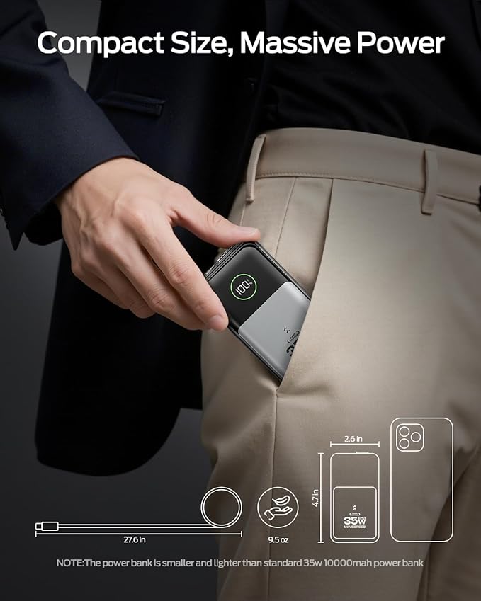 MOVE SPEED 3 in 1 Portable Charger with Built-in Retractable 27.6in Cable and Foldable Wall Plug, 35w 10,000mAh Fast Charging Power Bank, Travel Essential Battery Pack for iPhone 17/16/15,Galaxy