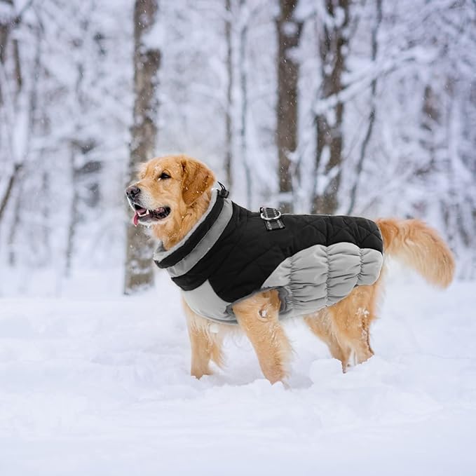 Lelepet Dog Coat Warm Dog Winter Coat Waterproof Dogs Jacket with Harness Built in Reflective Pet Fleece Vest Zip-Up Cold Weather Coats for Large Dogs Turtleneck & Windproof Coats Boston Terrier Black