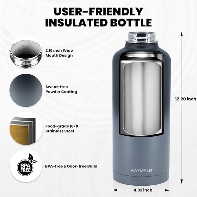 Insulated Water Bottle 87 oz, Triple Wall Vacuum Stainless Steel (Cold for 48 Hrs), Leak Proof & Non-BPA, Modern Water Flask Jug with Paracord Handle & Straw Spout Lids, Dark Grey