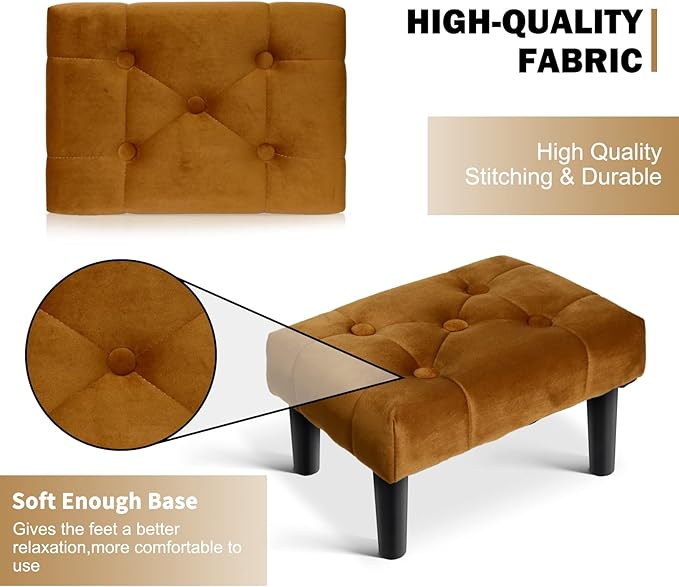 HOUCHICS Small Footstool Ottoman,Velvet Soft Footrest Ottoman with Wood Legs,Sofa Footrest Extra Seating for Living Room Entryway Office(Coffee 1PACK)