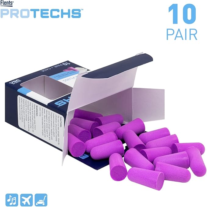 Flents Foam Ear Plugs, 10 Pair with Case for Sleeping, Snoring, Loud Noise, Traveling, Concerts, Construction, & Studying, NRR 33, Purple, Made in The USA,10 Count (Pack of 2)
