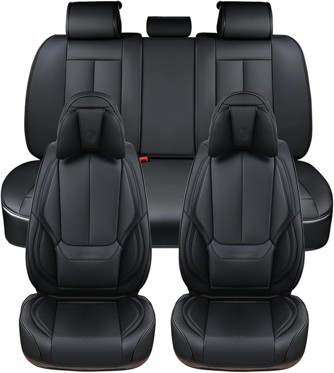 Coverado Car Seat Covers 5 Pieces, Full Set Universal Seat Covers for Cars, Waterproof Nappa Leather Auto Seat Protectors with Head Pillow, Car Interiors Fit for Most Pick-up Truck Sedans SUV, Black