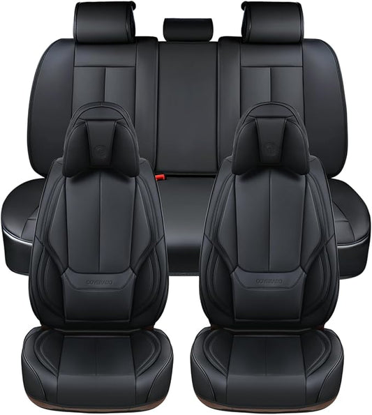 Coverado Car Seat Covers 5 Pieces, Full Set Universal Seat Covers for Cars, Waterproof Nappa Leather Auto Seat Protectors with Head Pillow, Car Interiors Fit for Most Pick-up Truck Sedans SUV, Black