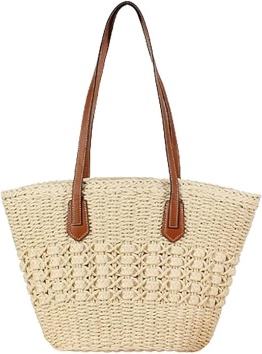Womens Straw Tote Handbag - Summer Beach Bag with Top Handle - Handwoven Shoulder Bag - 2024