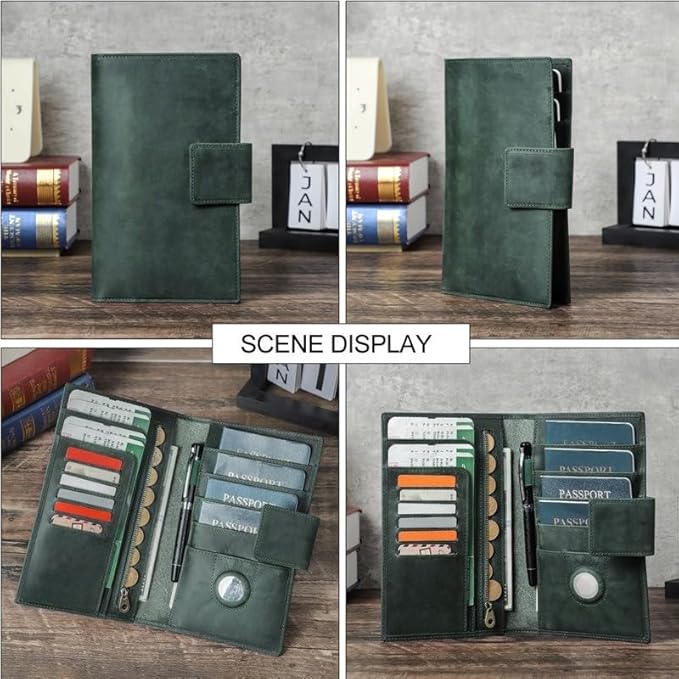 Unisex Genuine Leather Wallet Retro Crazy Horse Leather RFID Blocking Family Travel Passport Holder Slot (Green)