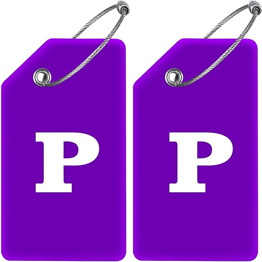 Gostwo 2 Pack Silicone Luggage Tags for Suitcases, 26 Initial Letter Baggage Labels Handbag School Bag Suitcase Instrument Tag with Stainless Steel Loop(Purple) (Letter P)
