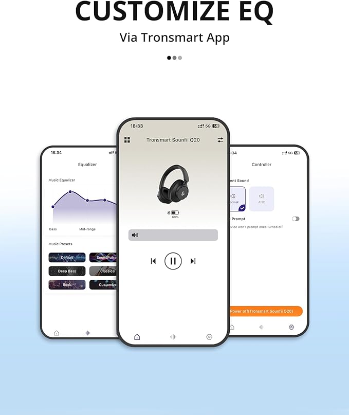 Tronsmart Sounfii Q20 Active Noise Cancelling Headphones, Wireless Over Ear Headphones, 60H Playtime, Rich-Detailed Sound, Customize EQ, Comfort Fit Ear Cups, for Travel, Home Office(Black)