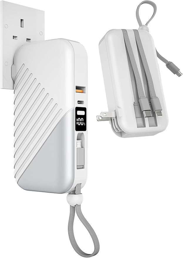 10000mAh Portable Charger Power Bank with Built-in Cable 27W Portable Charger with Wall Plug Portable Cell Phone Charger for iphone Mobile Charger Power Bank for Android Galaxy Android etc, White