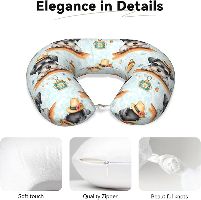 Travel Pillow Chin Neck Support, Comfortable Airplane Car Pillows for Rest, Memory Foam U Shaped Office Home Nap Sleeping Cushion Schnauzer Cute Dog
