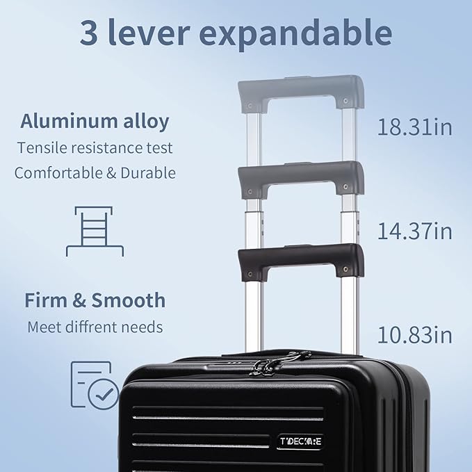 TydeCkare 20 Inch Carry On Luggage with Front Pocket, 21.65 * 15.35 * 7.87" Suitable for Airplane Overhead Bin, 34L Lightweight PC+ABS Hardshell with YKK Zipper, TSA Lock Approved, black