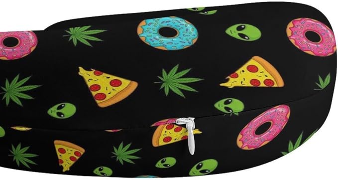 Travel Neck Pillow Memory Foam U Shaped Cushion Alien Donut Pot Leaf Weedleaf Pizza Black, Washable Cover for Airplane Car Office Home Sleeping Pain Relief