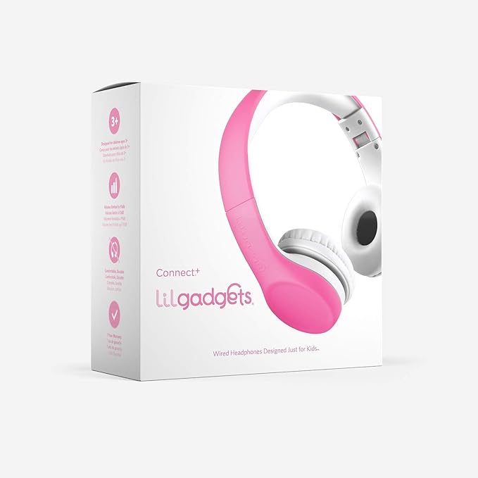 LilGadgets Connect+ Foldable Headphones, Adjustable Fit Soft Touch Padding for Kids with Mic, Volume-Limited & Noise Reduction On-Ear Wired Headset for School with SharePort - Pink, Ages 3-14
