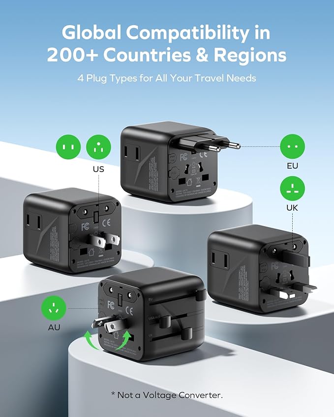 MOMAX Mini Universal Travel Adapter Worldwide, 2 AC, All European Travel Plug Adapter UK, Travel Essentials for US to Europe Adaptor, All-in-One Wall Charger for AUS JP (No USB Port)