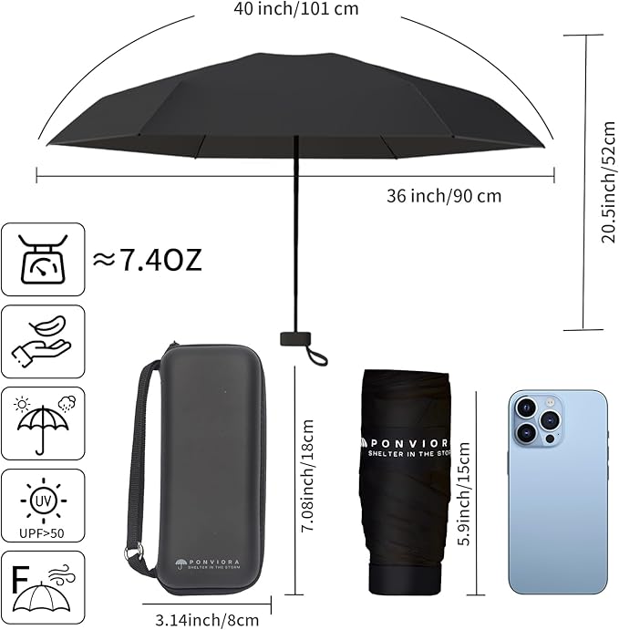 Compact Mini Windproof Travel Umbrella-UPF 50+ Sun & Rain Protection, Small Folding Design Fits in Pocket or Purse, Lightweight Portable with Case for Women, Men & Kids