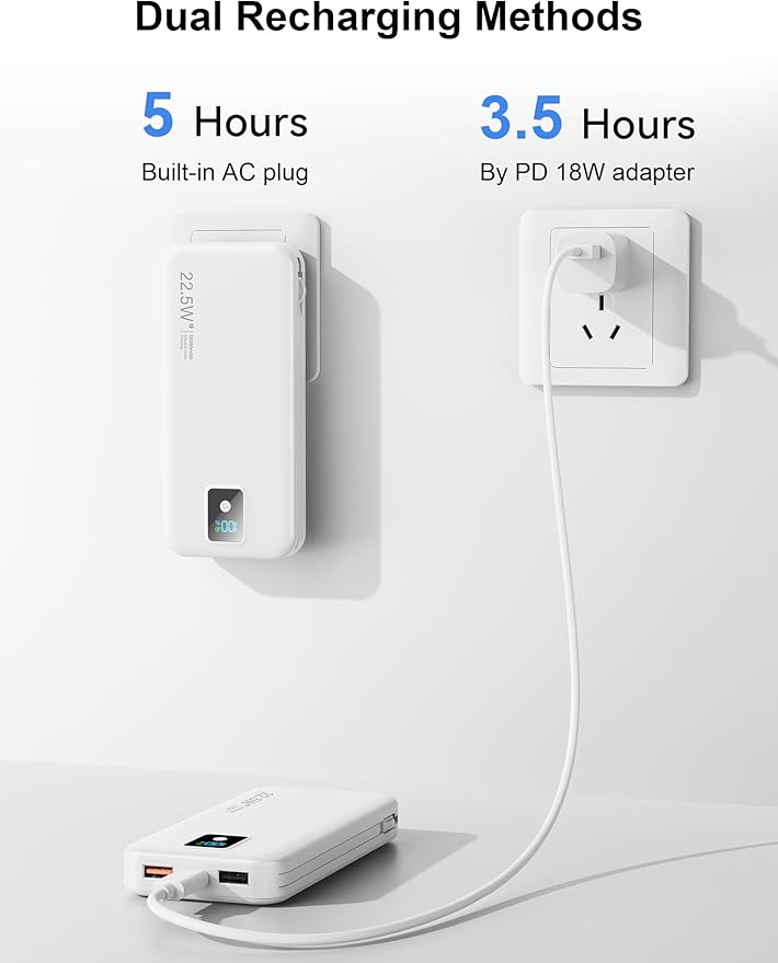 Portable Power Bank, 12000mAh 22.5W Fast Charging Phone Charger with Built-in Cables & Wall Plug, Travel Essential Battery Pack with LED Display, USB C Battery Charging Bank for iPhone, Samsung White