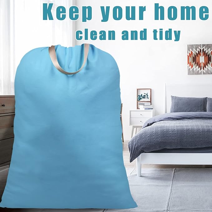 LOLOMLO Extra Large Canvas Laundry Bags with Handles & Drawstring Closure, Heavy Duty Tears Resistant Clothes Storage Travel Bags,25.5"x34",Sky Blue