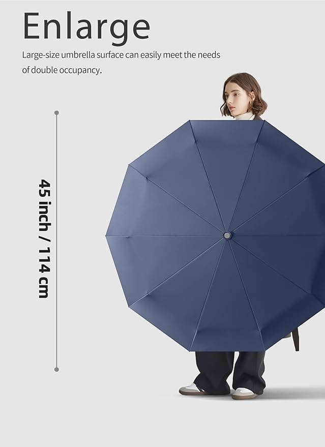 Rain Cats Large Umbrella 45 Inch diameter Umbrellas for rain Strong10 Ribs Fiberglass Windproof big Compact Automatic portable Folding Travel/Thick Fabric/Wood handle