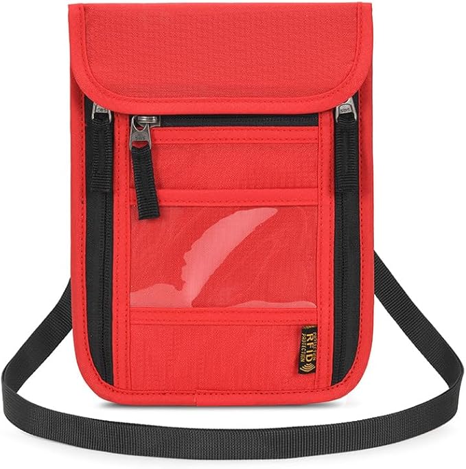 Passport Holder for Travel, Neck Pouch Travel Wallet With RFID Blocking, Waterproof Lightweight Passport Wallet for Women and Men (Red)
