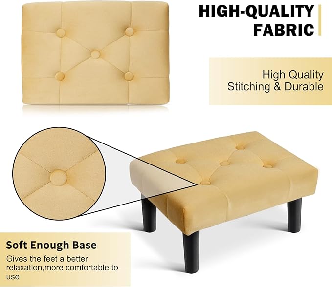 HOUCHICS Small Footstool Ottoman, Velvet Wooden Foot Stool Ottoman with Wood Legs, Sofa Footrest Extra Seating for Living Room Entryway Office(Yellow 2PACK)