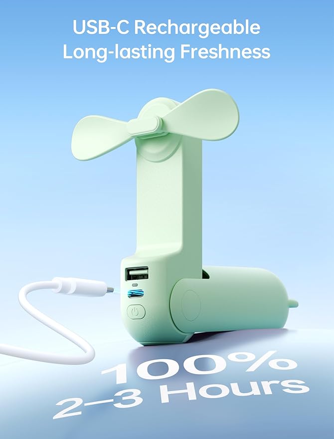 JISULIFE Handheld Mini Fan, 3 IN 1 USB Rechargeable Portable Fan [12-19 Working Hours] with Power Bank, Flashlight, Pocket Design for Travel/Summer/Concerts/Lash, Gifts for Women(Green)