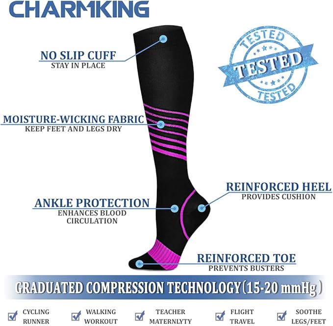 CHARMKING Compression Socks for Women & Men Circulation (8 Pairs) 15-20 mmHg is Best Support for Athletic Running,Cycling